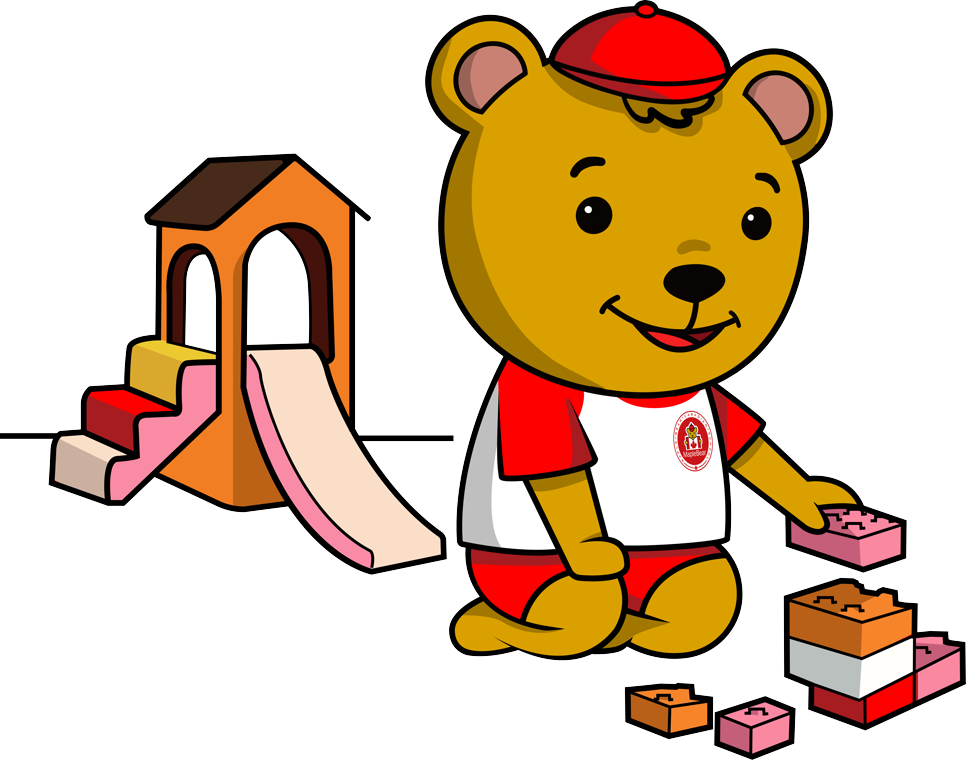 Chinook, o mascote Maple Bear, brincando com blocos de montar