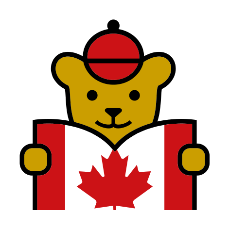 Chinook, o mascote oficial Maple Bear, lendo a bandeira do Canadá